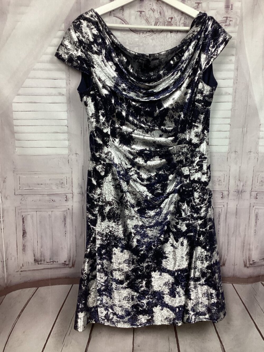 Tahari Dress Metallic Silver Black Cowl Neck Cocktail Midi 14